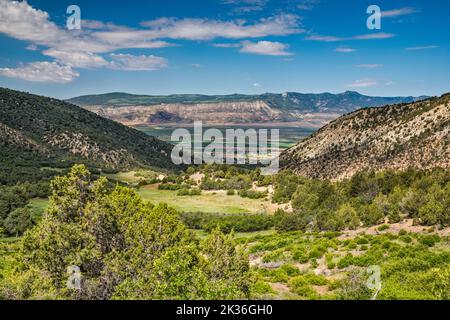 Ephraim Canyon am Rand des Wasatch Plateau, Blick auf die San Pitch Mountains im Sanpete Valley, Stadt Ephraim, Utah, USA Stockfoto