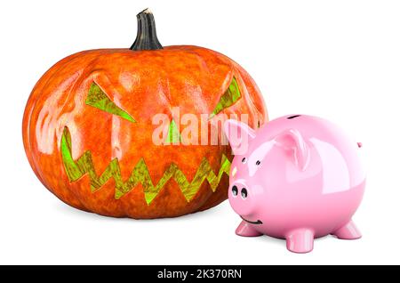 Halloween Kürbis mit Sparschwein, 3D Rendering isoliert auf weißem Hintergrund Stockfoto