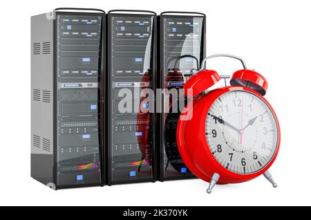 Computer-Server-Racks mit Wecker, 3D-Rendering isoliert auf weißem Hintergrund Stockfoto