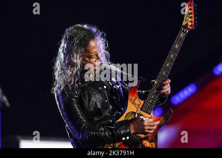 Kirk Hammett von Metallica tritt am Samstag, den 24. September 2022, beim Global Bürgerfest im Central Park in New York City auf. Global: „The World“ ist eine 24-stündige globale Veranstaltung, bei der die Welt vereint, der Planet verteidigt und die Armut besiegt werden soll. Foto von Lev Radin/UPI Stockfoto