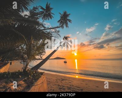 Goldene tropische Insel Sonnenuntergangslandschaft, Palmen Silhouette vor hellen bunten Himmel. Sandstrand mit Kokosnussbaumbästen und orangefarbenem Sonnenaufgangshimmel über dem Meer. Reisen, Urlaub, Urlaub, Entspannung Stockfoto