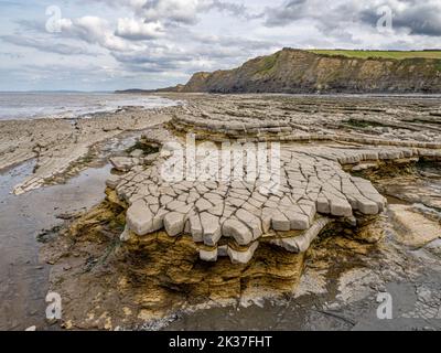 Erosion der Wellenschliff-Plattform in Jurassic Shale und Lias Kalksteinbetten bei Quantock's Head an der Küste von Somerset in Großbritannien Stockfoto