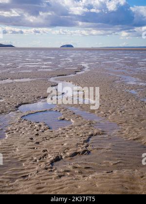 Unterer Strand am Weston super Mare Somerset UK mit freiliegenden Schlammflatten bei Ebbe - Westons wunderschöner Sandstrand verwandelt sich in heimtückischen Schlamm aus dem Meer Stockfoto