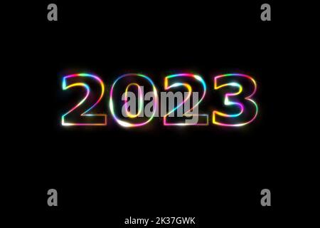 3D Illustration Neujahrskonzept 2023 Design mit Text glühen Regenbogen-Design auf schwarzem Hintergrund. Stockfoto