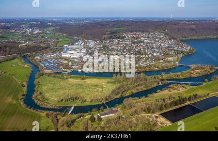 Luftaufnahme, Ortsansicht Wetter, Ruhr und Obergraben mit Kraftwerk Harkort, Insel in den Weiden, Wetter, Ruhrgebiet, Nordrhein-Westfalen, Stockfoto