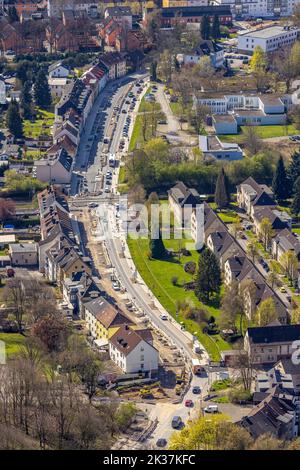 Luftaufnahme, Baustelle mit Umgestaltung der Pferdebachstraße, Bahnübergang Ziegelstraße, Bebbelsdorf, Witten, Ruhrgebiet, Nordrhein-Westfalen Stockfoto