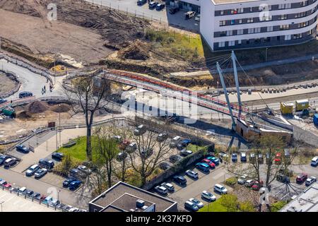 Luftaufnahme, Baustelle und Sanierung der Pferdebachstraße mit Neubau der Radwegebrücke Rheinischer Esel, Witten, Ruhr sind Stockfoto