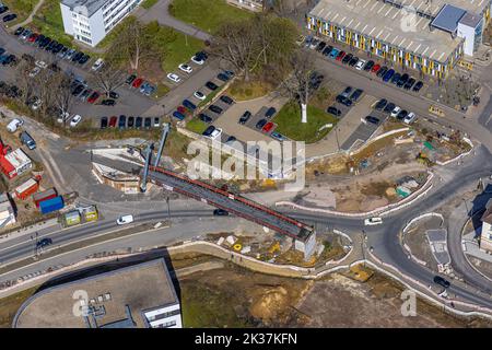 Luftaufnahme, Baustelle und Sanierung der Pferdebachstraße mit Neubau der Radwegebrücke Rheinischer Esel, Witten, Ruhr sind Stockfoto