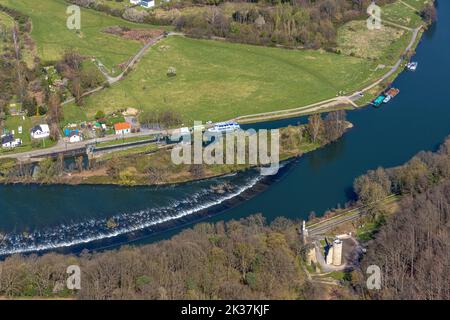 Luftaufnahme, Touristentrio, Schleusenwärterhaus mit Fähre, Herbederschleuse und Burgruine Hardenstein an der Ruhr, Witten, Ruhrgebiet, Nordrhein-W. Stockfoto