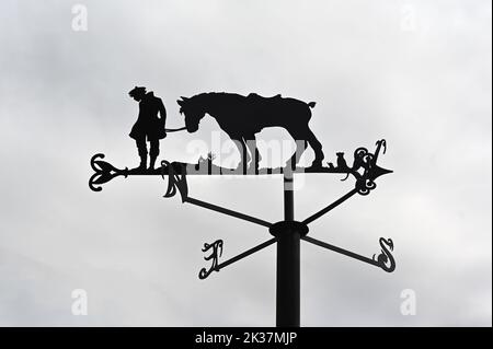 Metallwethervane mit Robert Burns 'Tam O'Shanter mit seiner grauen Stute Meg'. Poets Path, Robert Burns Birthplace Museum, Alloway, Ayrshire. Stockfoto