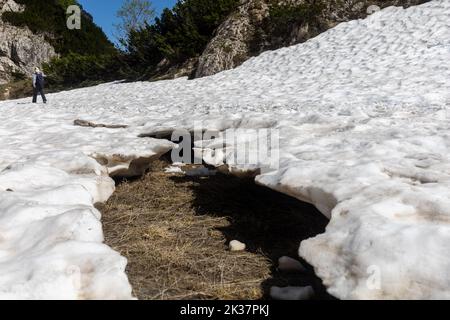 Frühlingsdicke Schneeschicht, die unter der Sonne schmilzt Stockfoto