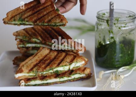 Chutney-Sandwich mit Käse. Gegrillte Sandwiches mit Quark-Scheiben und Gewürzen mit grünem Knoblauch. Chutney-Sandwich mit Käse. Aufgenommen auf weißem Hintergrund Stockfoto