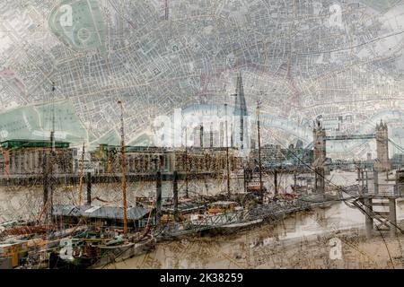 Alte Karte von London um 1880 von Whitbread gemacht jetzt gemeinfrei verschmolzen mit einer modernen Szene aus der Hauptstadt entlang der Themse. Stockfoto