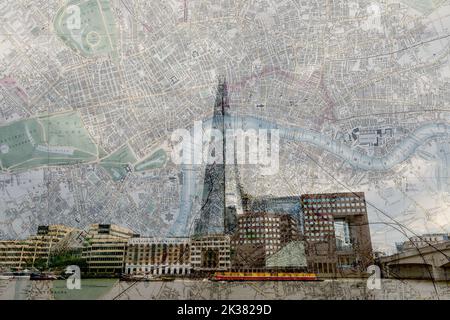 Alte Karte von London um 1880 von Whitbread gemacht jetzt gemeinfrei verschmolzen mit einer modernen Szene aus der Hauptstadt entlang der Themse. Stockfoto