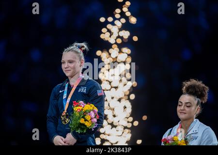 Paris, Frankreich. 25. September 2022. Paris, Frankreich, September 25. 2022 Jade Carey (USA) während der Medaillenvergabe für die FIG-Weltmeisterschaft im Kunstturnen in der Accor Arena in Paris, Frankreich Dan O' Connor (Dan O' Connor/SPP) Credit: SPP Sport Press Photo. /Alamy Live News Stockfoto