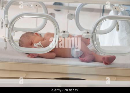 Ein frühes Neugeborenes in einem speziellen Inkubator in der Kinderabteilung des Krankenhauses. Stockfoto