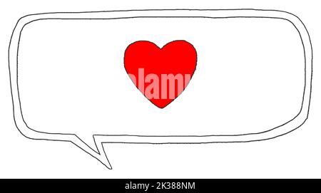Handgezeichnete Sprechblase mit rotem Herzzeichen vor isoliertem weißem Hintergrund. Einfache und primitive Doodle Stil Illustration von Liebe, Zuneigung, Gebühr Stockfoto