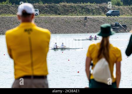 Racice, Tschechische Republik. 25. September 2022. Das Doppelzweier-Finale der Männer während des 8. Tages der Ruderweltmeisterschaften 2022 auf dem Labe Arena Racice am 25. September 2022 in Racice, Tschechien. Quelle: Ondrej Hajek/CTK Photo/Alamy Live News Stockfoto