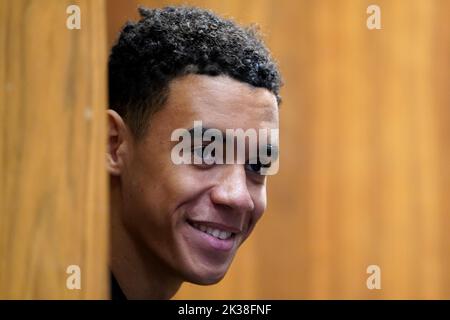 Deutschlands Jamal Musiala während einer Pressekonferenz im Wembley Stadium, London. Bilddatum: Sonntag, 25. September 2022. Stockfoto