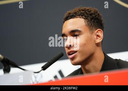 Deutschlands Jamal Musiala während einer Pressekonferenz im Wembley Stadium, London. Bilddatum: Sonntag, 25. September 2022. Stockfoto