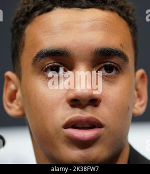 Deutschlands Jamal Musiala während einer Pressekonferenz im Wembley Stadium, London. Bilddatum: Sonntag, 25. September 2022. Stockfoto