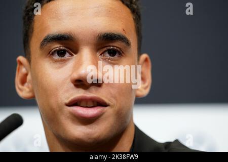 Deutschlands Jamal Musiala während einer Pressekonferenz im Wembley Stadium, London. Bilddatum: Sonntag, 25. September 2022. Stockfoto