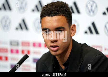 Deutschlands Jamal Musiala während einer Pressekonferenz im Wembley Stadium, London. Bilddatum: Sonntag, 25. September 2022. Stockfoto