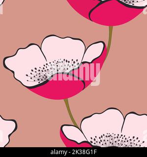 Nahtloses Blumenmuster mit rosa Tulpen. Cartoon-Stil. Design für Stoff, Textil, Papier. Frühling bunte Vektor-Illustration, Fowers mit Blättern Stock Vektor