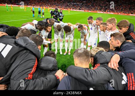 Die belgischen Spieler beim Start eines Fußballspiels zwischen der niederländischen und der belgischen Nationalmannschaft der Roten Teufel am Sonntag, den 25. September 2022 in Amsterdam, Niederlande, das sechste und letzte Spiel in der Nations League A Gruppenphase. BELGA FOTO LAURIE DIEFFEMBACQ Stockfoto