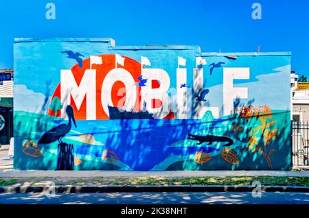 Ein Mobiles Wandbild ist an der Kreuzung der Dauphin Street und South Warren Street, 24. September 2022, in Mobile, Alabama, abgebildet. Stockfoto