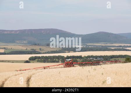 Ein Blick über das Aberdeenshire Farmland im Sommer mit einem roten Feldspritz, der in einem Gerstenfeld im Vordergrund tätig ist Stockfoto