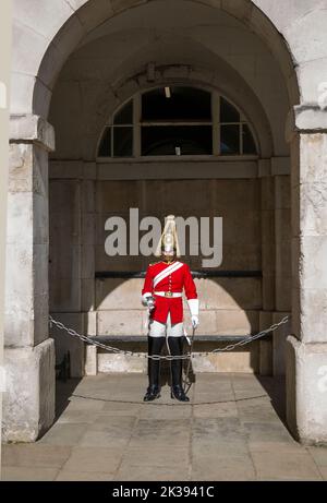 Rettungsschwimmer in scharlachroten Tunika Horse Guards Parade Whitehall London Stockfoto