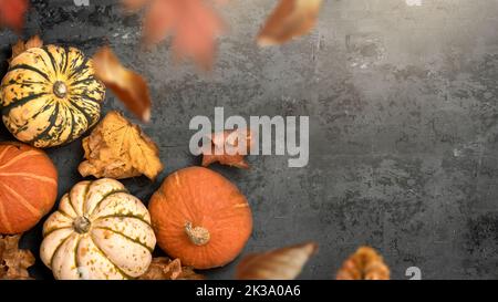Ein saisonaler rustikaler Danksageherbst mit Kürbissen und falschenden Blättern. Layout der HerbstHalloween-Saison. Stockfoto