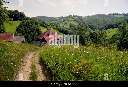 Alba County, Rumänien, ca. 2000. Landschaft im Apuseni-Gebirge, mit schönen Wiesen im Tal und kleinen Häusern. Stockfoto