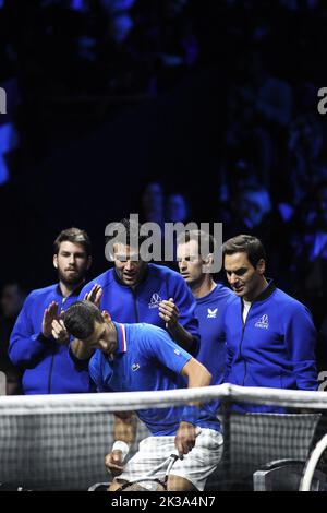 London, Großbritannien. 25. September 2022. Die Team Europe Bank während des ATP Laver Cup 2022 in der O2 Arena, London, England am 23. September 2022. Foto von Joshua Smith. Nur zur redaktionellen Verwendung, Lizenz für kommerzielle Nutzung erforderlich. Keine Verwendung bei Wetten, Spielen oder Veröffentlichungen einzelner Clubs/Vereine/Spieler. Kredit: UK Sports Pics Ltd/Alamy Live Nachrichten Stockfoto