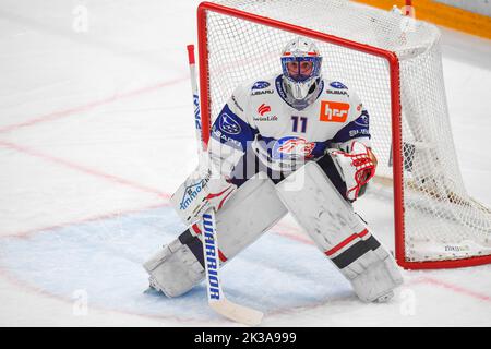 Lausanne, Schweiz. 09.. Mai 2022. Simon Hrubec (Torwart) vom ZSC Lions (11) ist im Einsatz während 1. Derby der Saison 2022-2023 beinhaltet Lausanne HC und die ZSC Lions der Schweizer Nationalliga 2022-2023 Saison mit dem Lausanne HC und ZSC Lions. (Foto: Eric Dubost/Pacific Press) Quelle: Pacific Press Media Production Corp./Alamy Live News Stockfoto