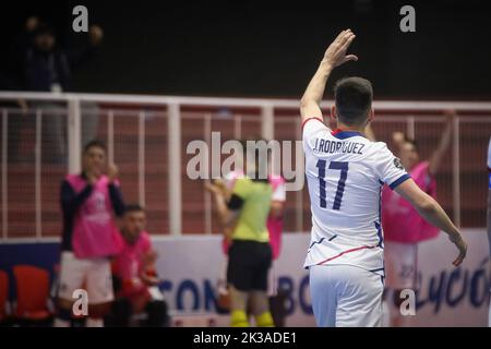 Buenos Aires, Argentinien. 25. September 2022. Juan Rodriguez aus San Lorenzo de Argentina feiert sein Tor im Spiel zwischen San Lorenzo (ARG) und der Universidad de Chile (CHI) im Rahmen der Libertadores Futsal 2022 Gruppe A in der Befol Arena. (Endergebnis: San Lorenzo (ARG) 3 - 1 Universidad de Chile (CHI) Credit: SOPA Images Limited/Alamy Live News Stockfoto