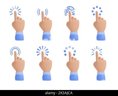 3D Zeigerzeiger-Hände darstellen, Finger anklicken, isolierter Satz. Zeigersymbole grafische Elemente für die Website-Navigation, Zeigen, Berühren und Suchen von Informationen, Illustration im Cartoon-Kunststoff-Stil Stockfoto