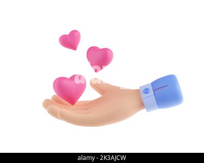 Hand mit fliegenden rosa Herzen. Konzept der Nächstenliebe, Liebe, Hoffnung, Gesundheitsversorgung, Krankenversicherung. 3D Darstellung von Palm Hold Hearts-Symbolen auf weißem Hintergrund Stockfoto