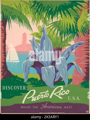 Entdecken Sie Puerto Rico, USA, wo sich Amerika trifft, Vintage-Reiseposter von Frank S. Nicholson. Ca. 1930-1940 Stockfoto