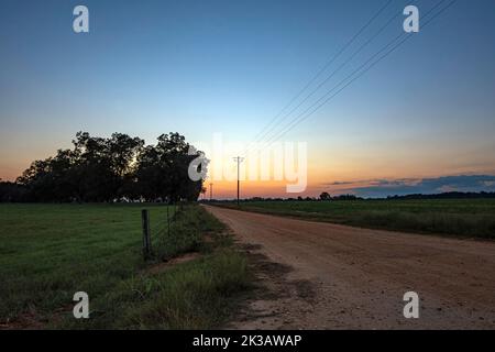 Hintergrund einer roten Schotterstraße, die in den Sonnenuntergang führt, mit einer eingezäunten Weide auf der linken Seite und einem Erdnussfeld auf der rechten Seite. Stockfoto