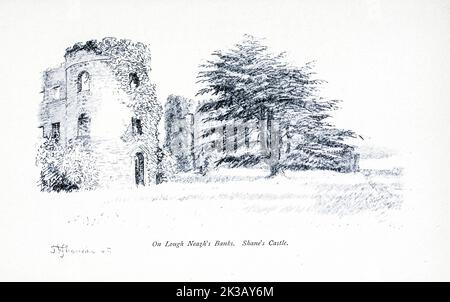 Shane's Castle [Shane's Castle ist eine Burgruine in der Nähe von Randalstown in der Grafschaft Antrim, Nordirland, die 1816 durch einen Brand zerstört wurde. Die Burg liegt am Nordostufer des Lough Neagh. Erbaut im Jahr 1345 von einem Mitglied der Clandeboy O'Neill Dynastie, war es ursprünglich als Edenduffcarrick bekannt, was "Braue des schwarzen Felsens" bedeutet (aus dem irischen éadán dúcharraige). Es verdankt seinen heutigen Namen Shane McBrian McPhelim O'Neill, der zwischen 1595 und 1617 Lower Clandeboy regierte.] illustriert von Hugh Thomson aus dem Buch „die berühmten Städte Irlands“ von Gwynn, Stephen Lucius, Stockfoto