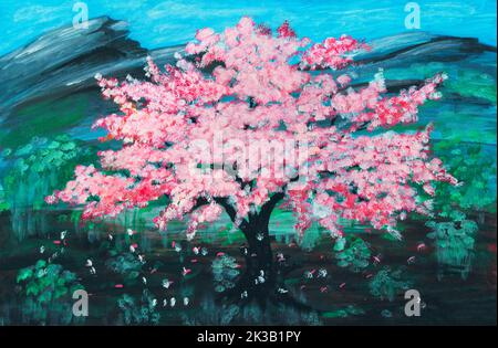 Ölgemälde auf Leinwand von einem rosa Sakura Kirschbaum In voller Blüte auf grünem Feld Stockfoto