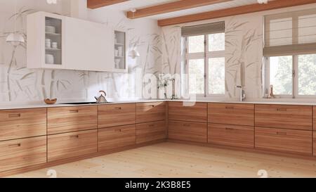 Holzküche in Weißtönen. Minimalistischer und sauberer Stil. Parkettboden, Balkendecke und Bambustapete. Japandiisches Interior Design Stockfoto