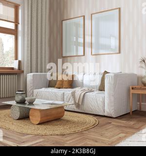 Wohnzimmerrahmen-Modell, Bauernhaus Boho-Stil in Weiß- und Beigetönen. Moderne Tapeten, Sofas und Dekore. Trendige Inneneinrichtung Stockfoto