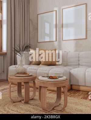 Frame-Modell, Wohnzimmer aus Holz in Weiß- und Beigetönen. Parkett- und Rattanmöbel, Stoffsofa, Tapete. Innenarchitektur des Bauernhauses Stockfoto