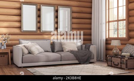 Wohnzimmer mit Blockhütte in Weiß- und Beigetönen. Stoffsofa, Teppich und Fenster. Frame Mockup, Bauernhaus Innenarchitektur Stockfoto