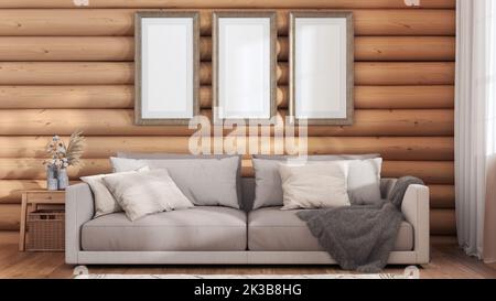Wohnzimmer mit Blockhütte in Weiß- und Beigetönen, Vorderansicht. Gestell, Sofa aus Stoff mit Kissen. Innenarchitektur des Bauernhauses Stockfoto