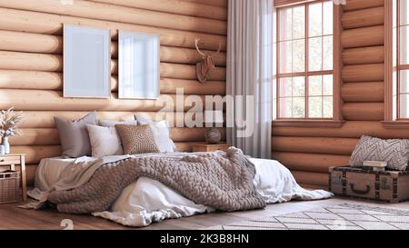 Schlafzimmer mit Blockhütte in Weiß- und Beigetönen. Doppelbett mit Decke und Federdecke, Teppich und Parkett. Frame Mockup, Bauernhaus Innenarchitektur Stockfoto