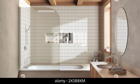 Japandiisches, minimalistisches Bad in Weiß- und Beigetönen, Marmorbadewanne und Holzwaschbecken. Innenarchitektur des Bauernhauses Stockfoto